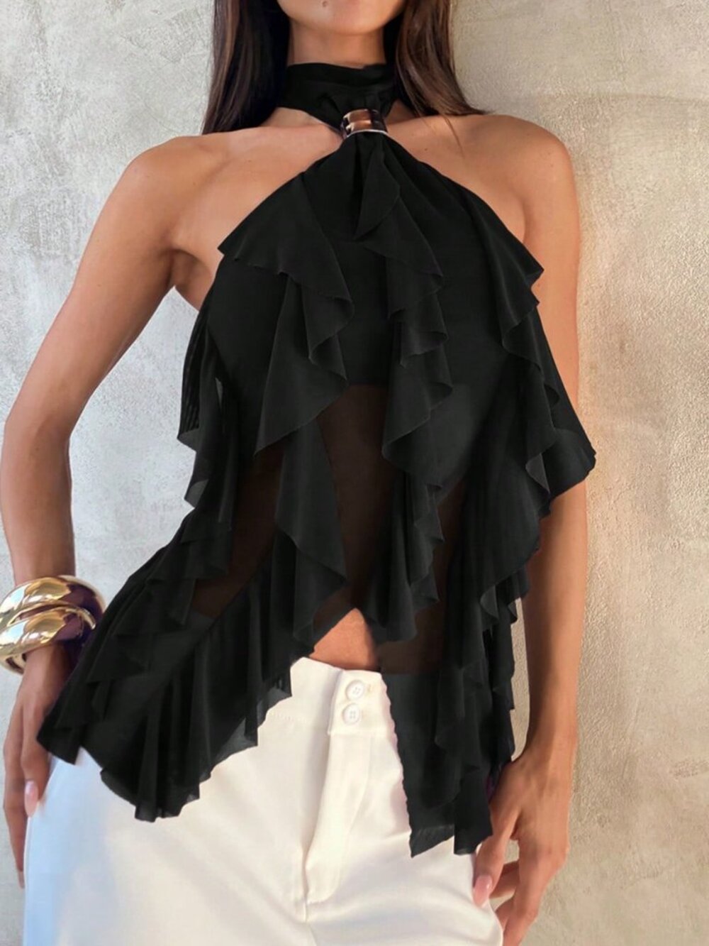 Black Elegant Women's Multi-Layer Ruffle Trim Stand Collar Fitted Tank Top - Picture 7 of 7